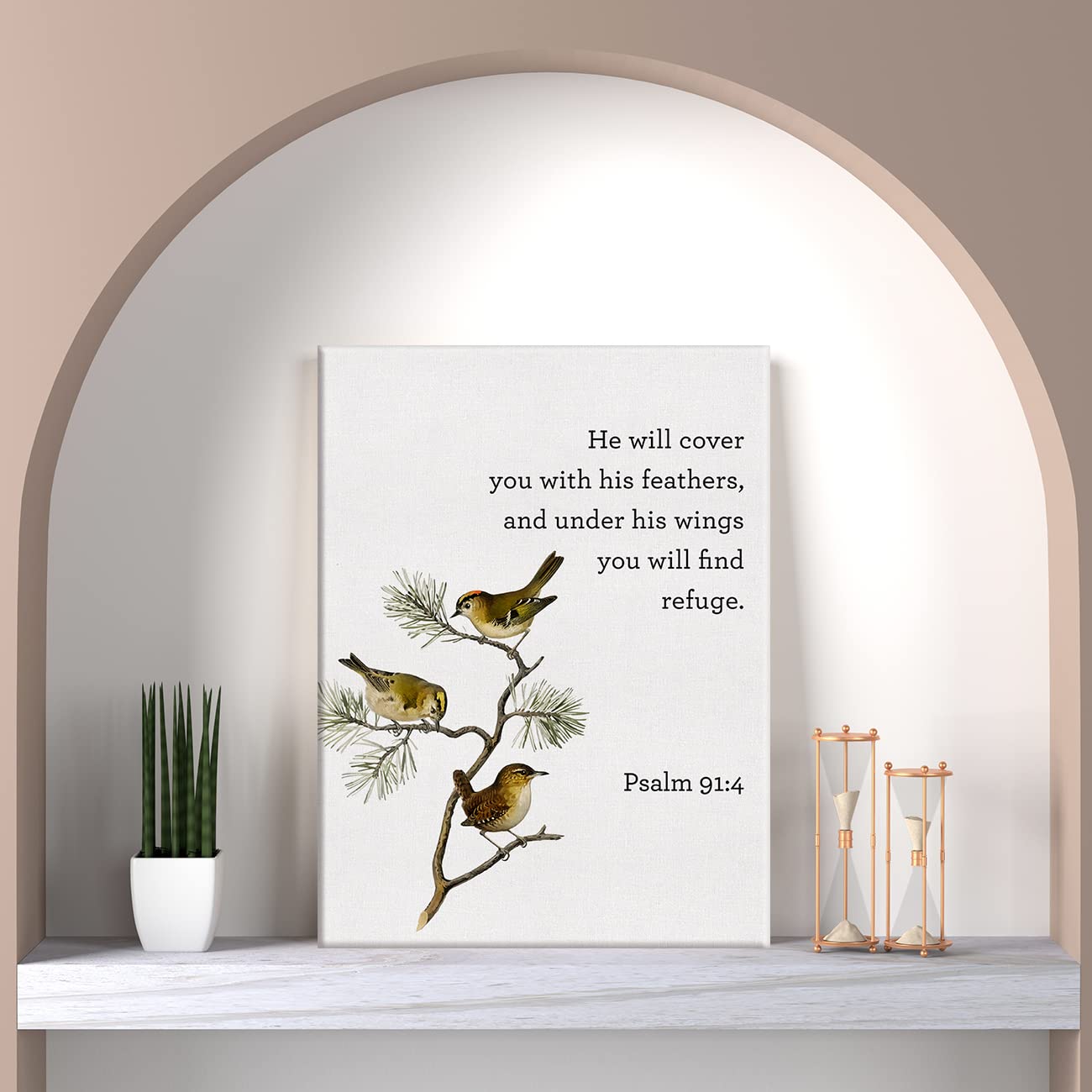 Bible Verse Print Canvas Wall Art Home Decor Bird Psalm 91:4 Scripture Painting 12x15 Canvas Poster Framed Ready to Hang Christi
